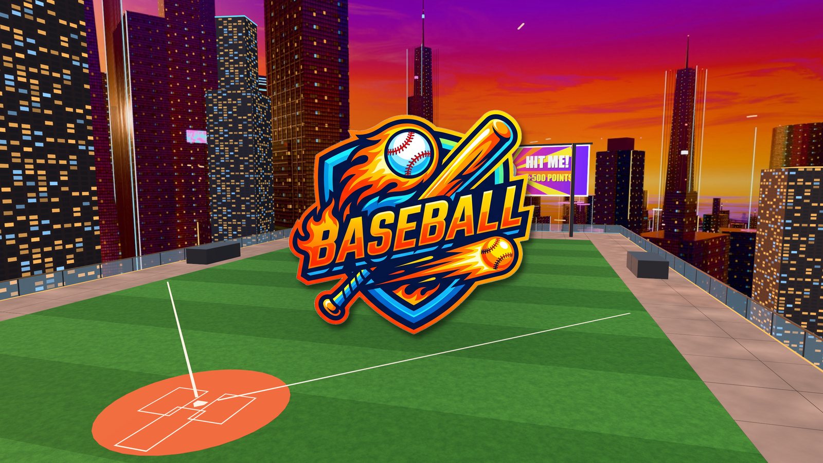 A turf diamond on a skyscraper roof above a sunset city