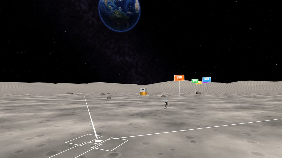 Home plate on the Moon with Earth in the sky