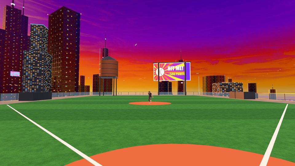 Batting on a skyscraper roof at sunset