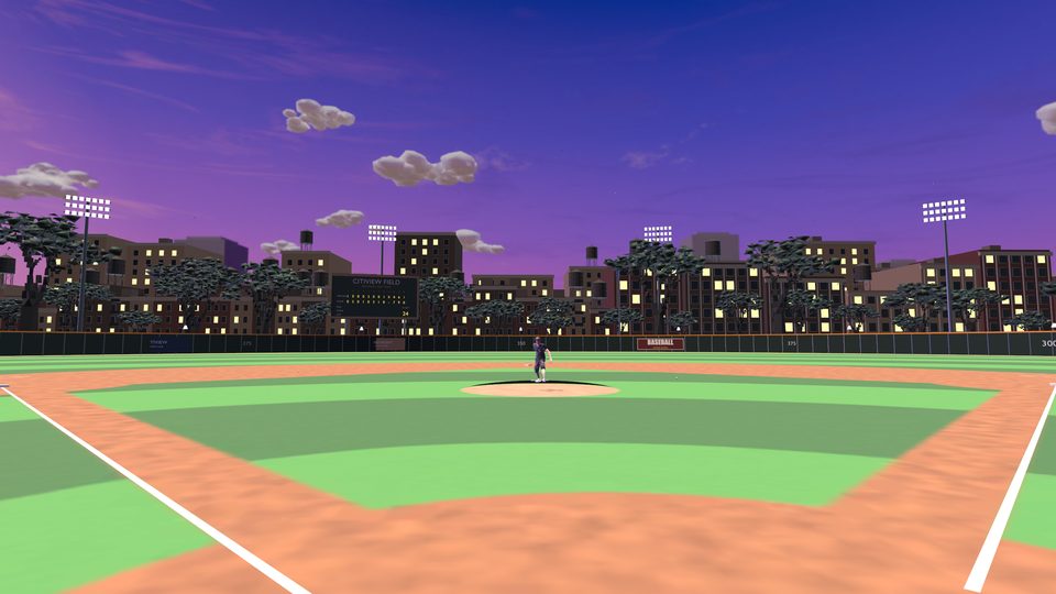 A baseball stadium under the lights at dusk